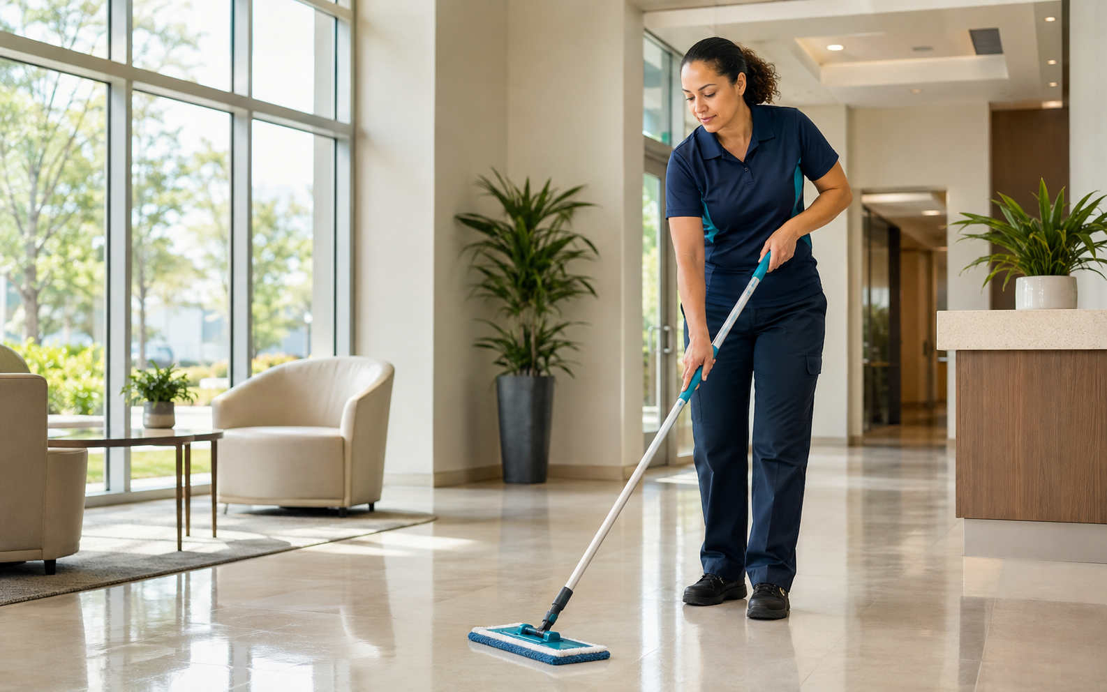 Commercial cleaning professional caring for a bright office lobby